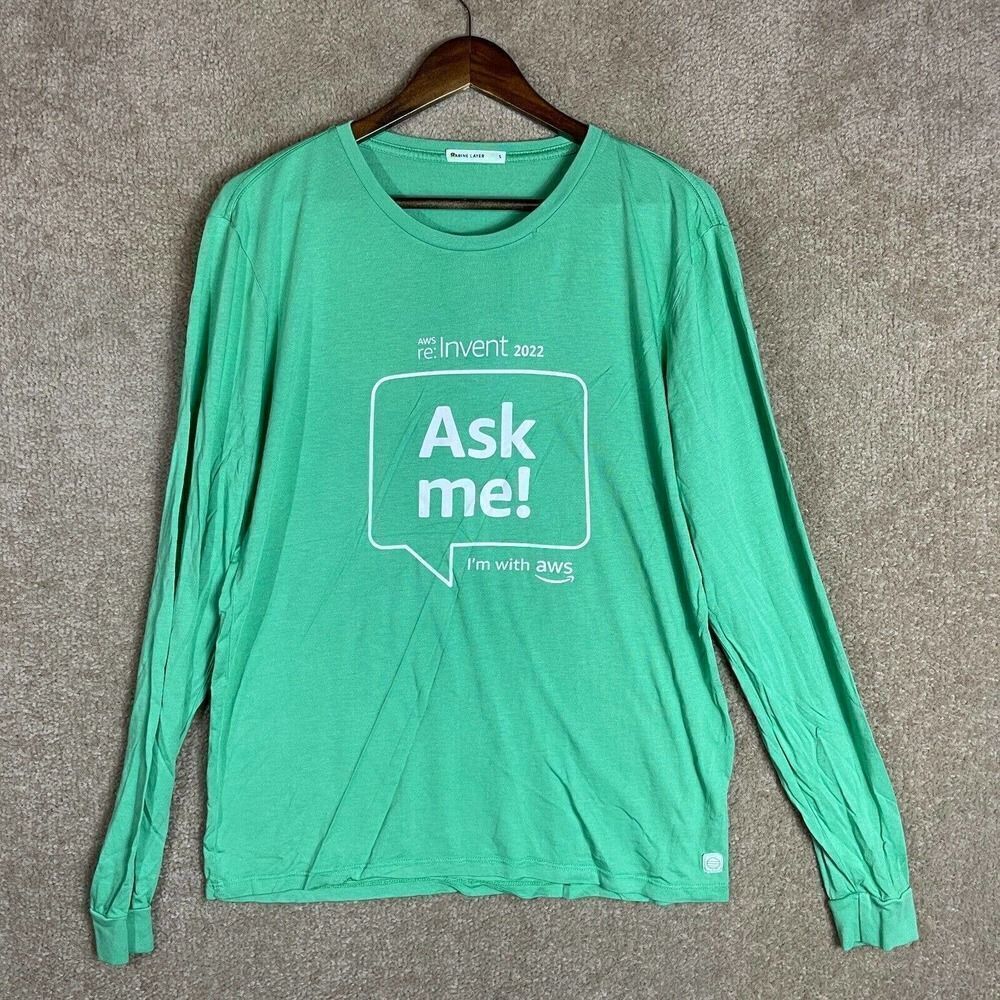 Marine Layer T-Shirt Mens Size Small Green AWS Re:Invent Ask Me Long Sleeve Crew